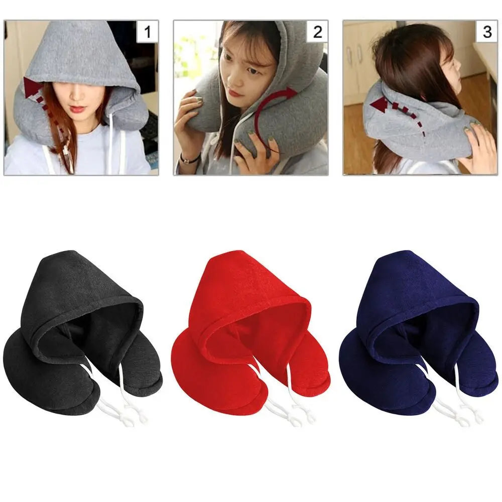 U-Shape Airplane Pillow with Hoodie Soft Comfortable Hooded Neck Travel Pillow