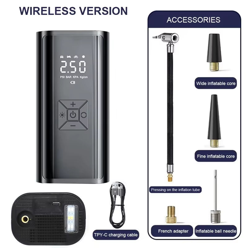 Powerful Wireless Car Air Compressor - Versatile Electric Tire Inflator for Cars, Motorcycles, Bicycles, and More!