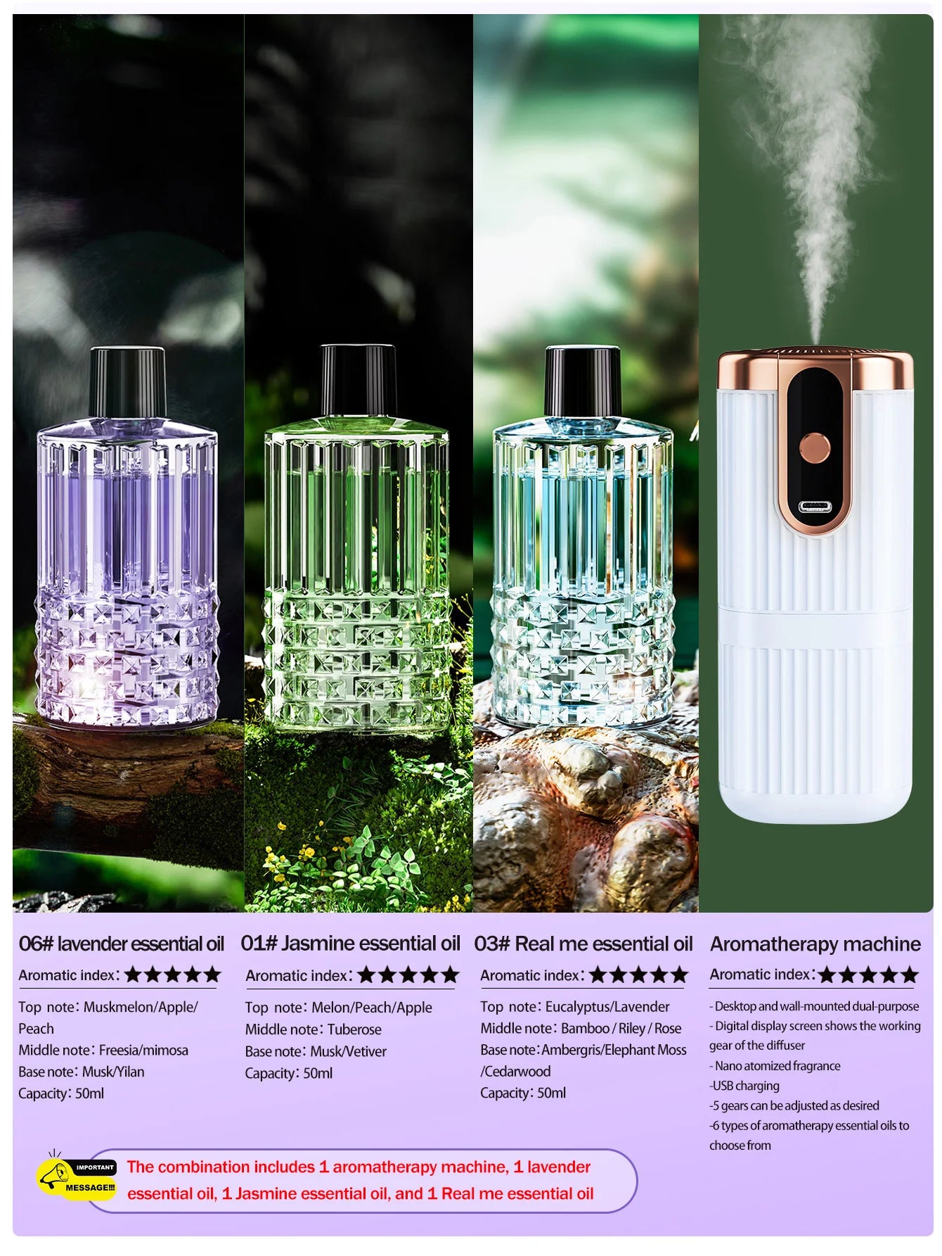 Rechargeable Mini Essential Oil Diffuser 5 Gear Aromatherapy Machine Large Mist Air Humidifier for Home Car Office Use