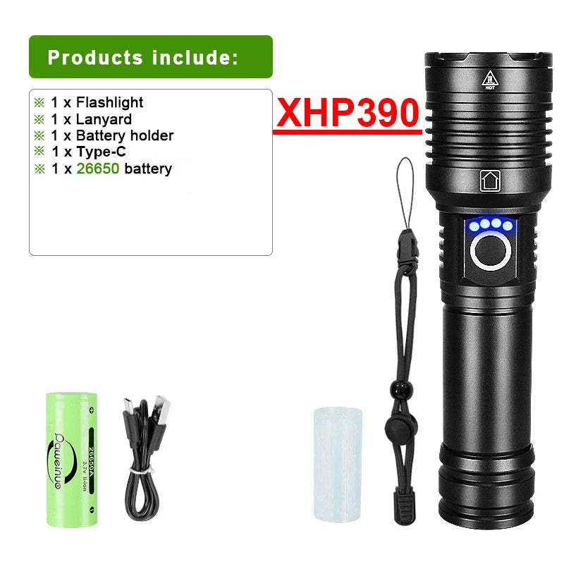 XHP390 Super Powerful LED Flashlight USB Rechargeable Torch Light Tactical High Power Flashlight Waterproof Hand Lantern Camping