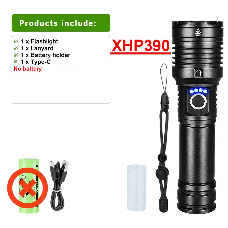XHP390 Super Powerful LED Flashlight USB Rechargeable Torch Light Tactical High Power Flashlight Waterproof Hand Lantern Camping