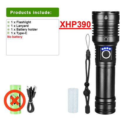 XHP390 Super Powerful LED Flashlight USB Rechargeable Torch Light Tactical High Power Flashlight Waterproof Hand Lantern Camping