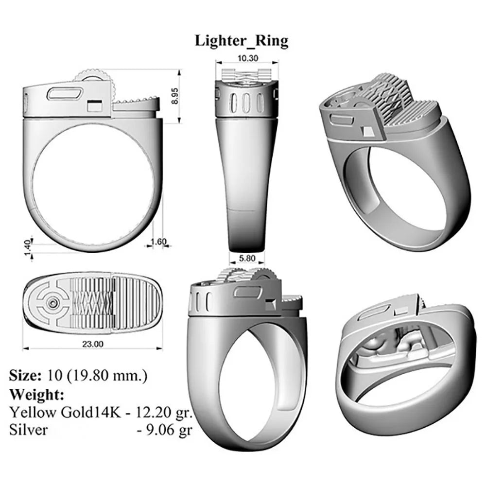 Vintage 14K Gold Plate Fake Lighter Ring Punk Fashion Creative Lighter Style Ring Jewelry for Men Dad