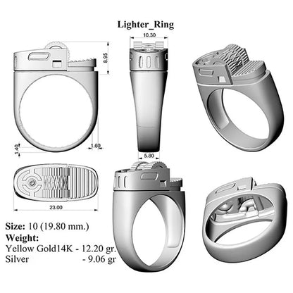 Vintage 14K Gold Plate Fake Lighter Ring Punk Fashion Creative Lighter Style Ring Jewelry for Men Dad