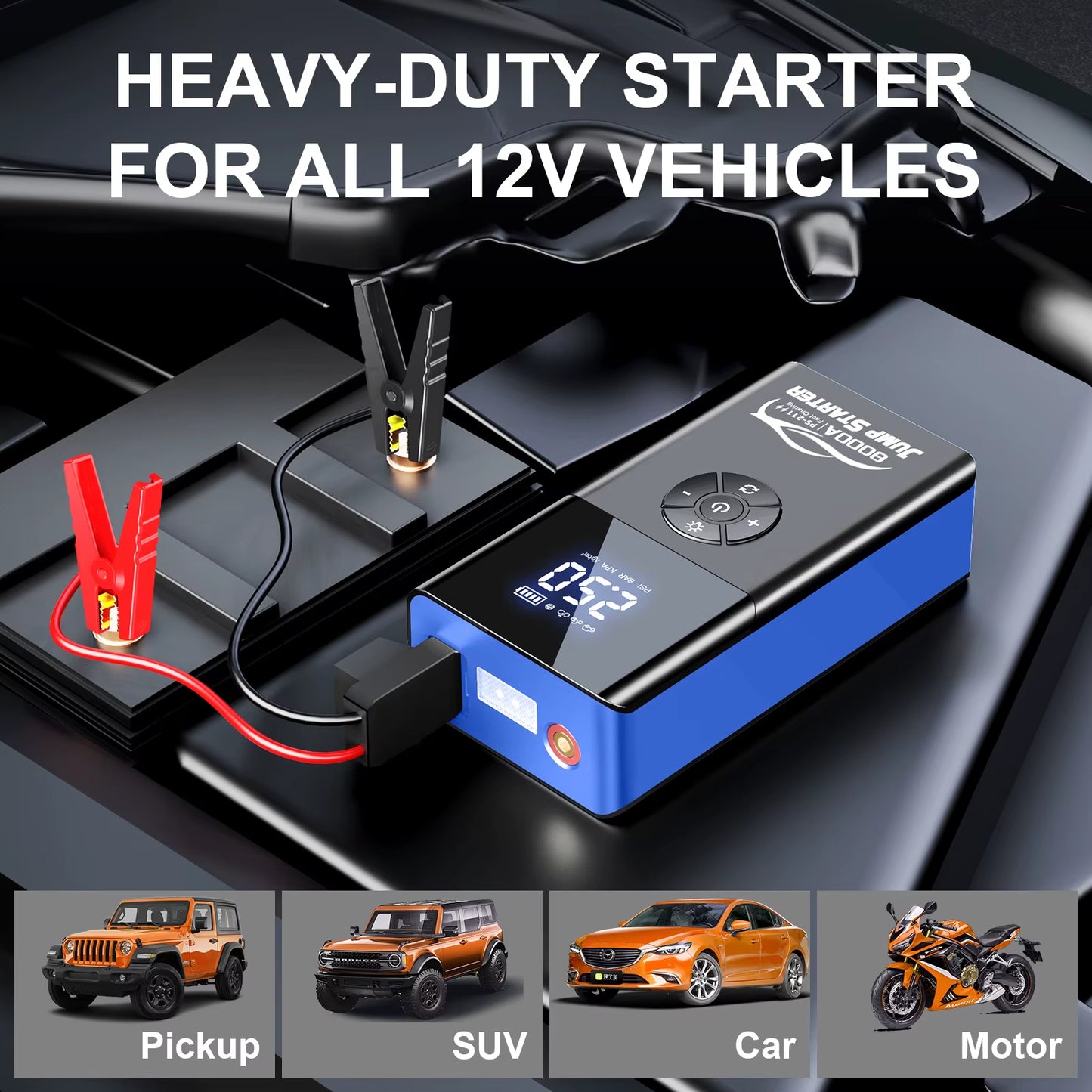 8000A Amp 180Psi Car Emergency Multifunction 12V Battery Booster Tire Inflator Super Compressor Jump Starter Power Bank Air Pump