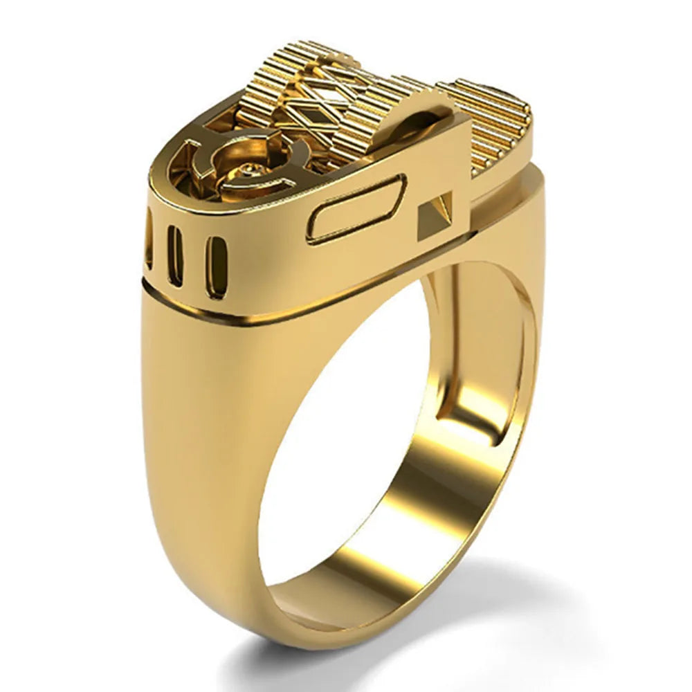 Vintage 14K Gold Plate Fake Lighter Ring Punk Fashion Creative Lighter Style Ring Jewelry for Men Dad