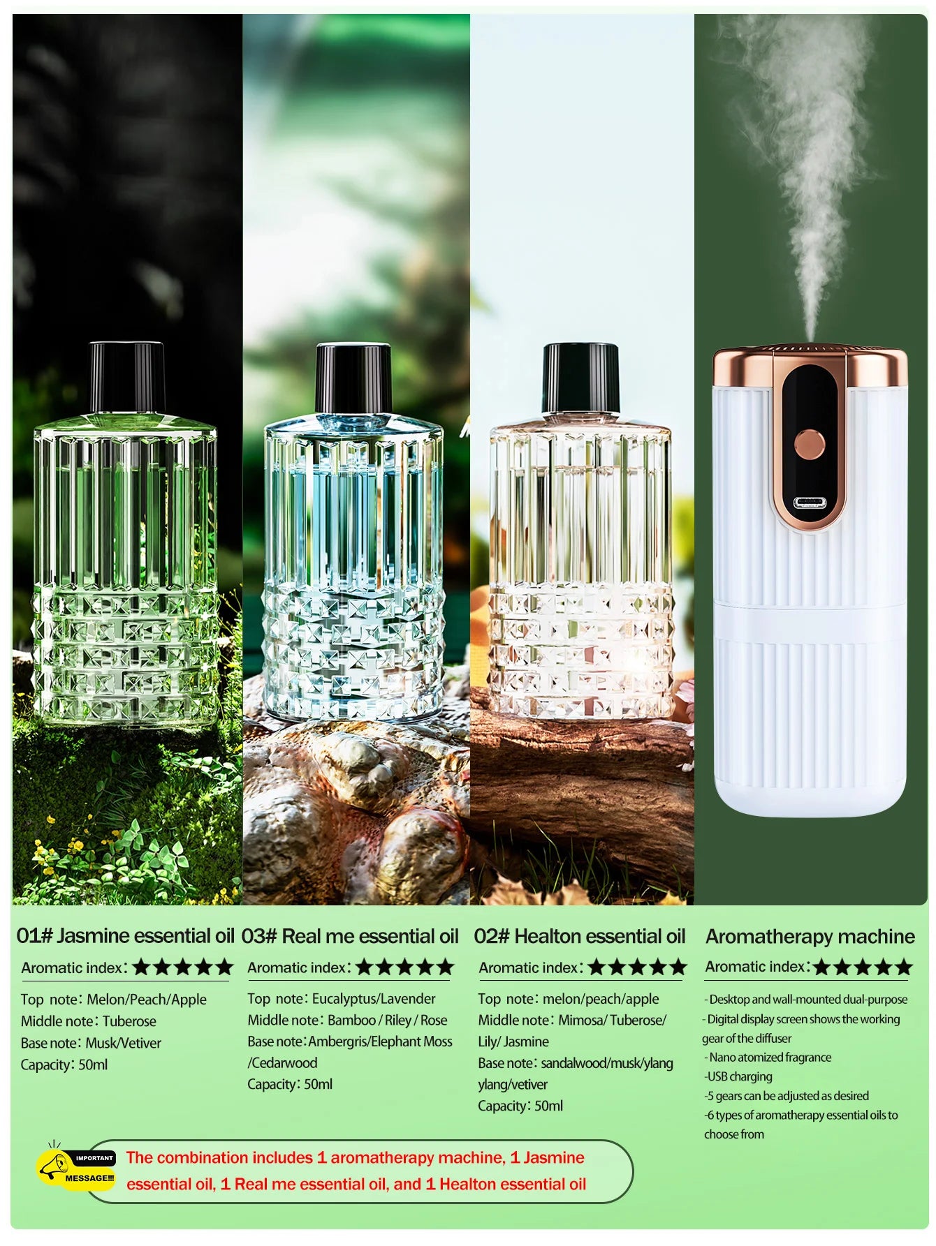 Rechargeable Mini Essential Oil Diffuser 5 Gear Aromatherapy Machine Large Mist Air Humidifier for Home Car Office Use