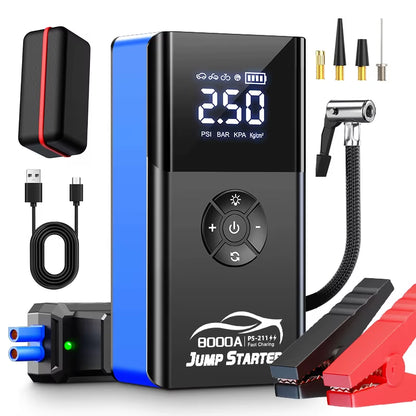 8000A Amp 180Psi Car Emergency Multifunction 12V Battery Booster Tire Inflator Super Compressor Jump Starter Power Bank Air Pump