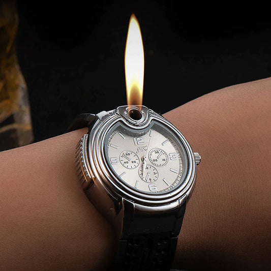 Metal Open Flame Lighter Watch - Creative Sports Design for Men with Adjustable Flame