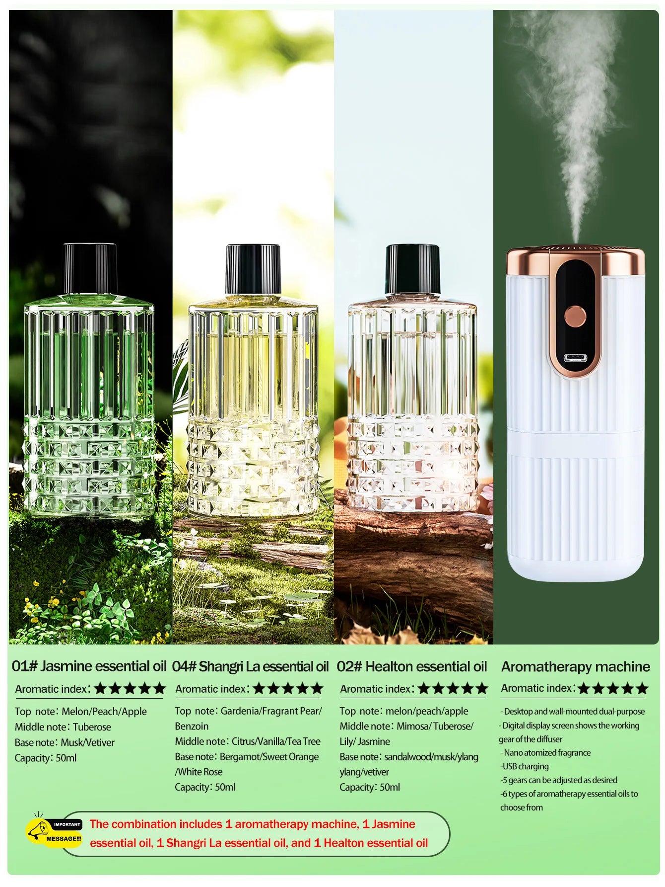 Rechargeable Mini Essential Oil Diffuser 5 Gear Aromatherapy Machine Large Mist Air Humidifier for Home Car Office Use