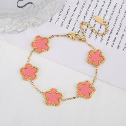 Stainless Steel Plum Blossom Gold Plated Bracelet Five Leaf Flower Jewelry Clover