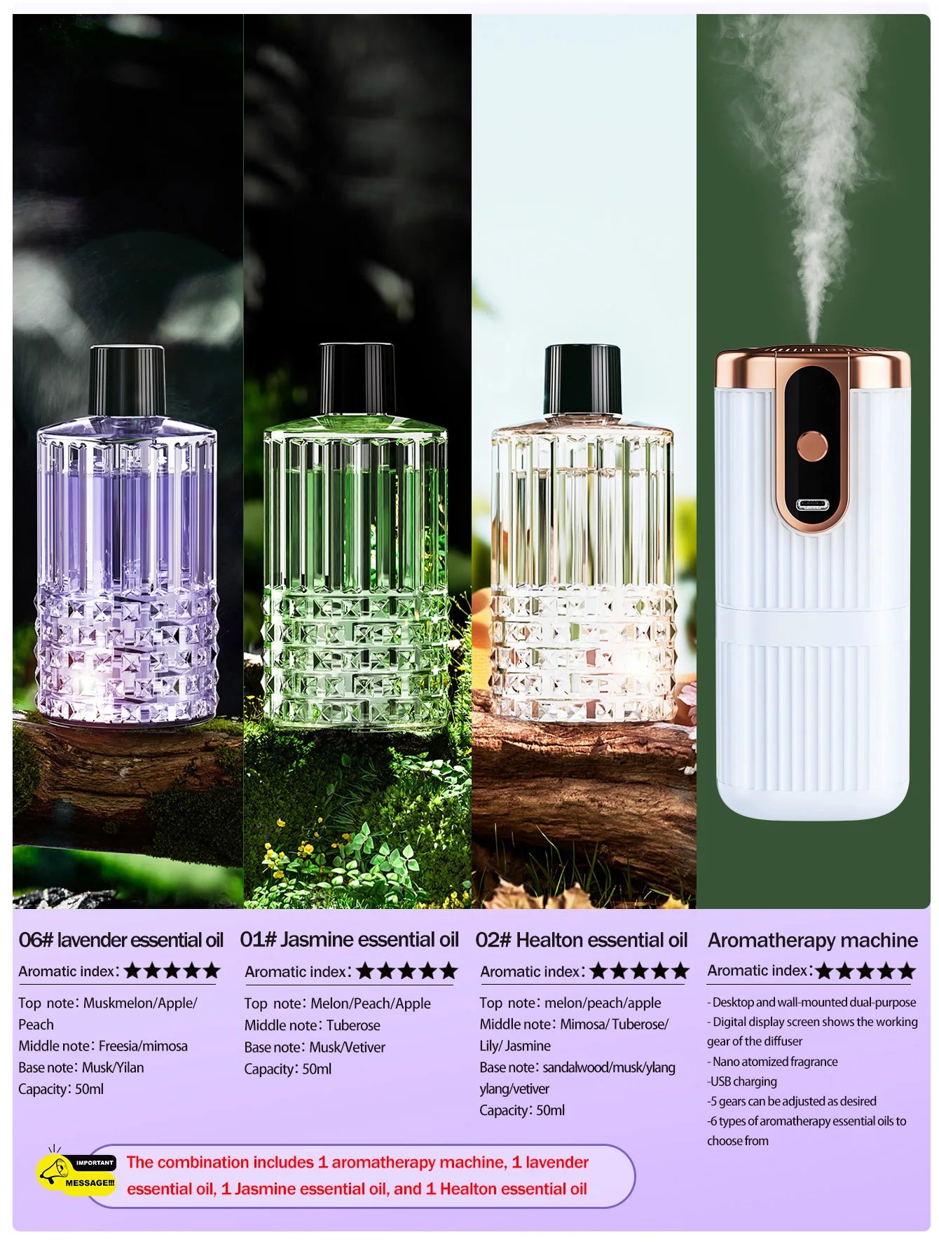 Rechargeable Mini Essential Oil Diffuser 5 Gear Aromatherapy Machine Large Mist Air Humidifier for Home Car Office Use