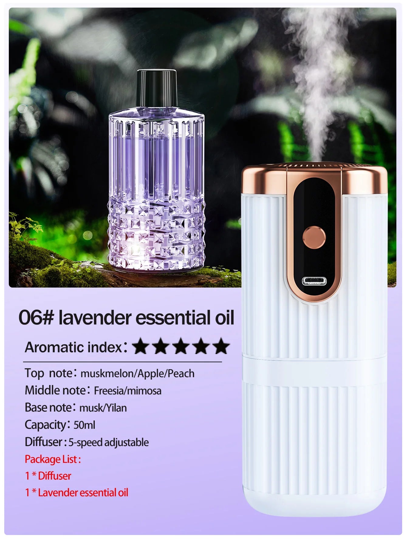 Rechargeable Mini Essential Oil Diffuser 5 Gear Aromatherapy Machine Large Mist Air Humidifier for Home Car Office Use
