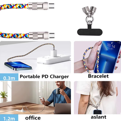240W Fast Charging USB-C to C-Type Data Cable, Suitable for Type-C Phone Lanyard and Charging Cable 2-In-1 C-To-C Neck Wristband