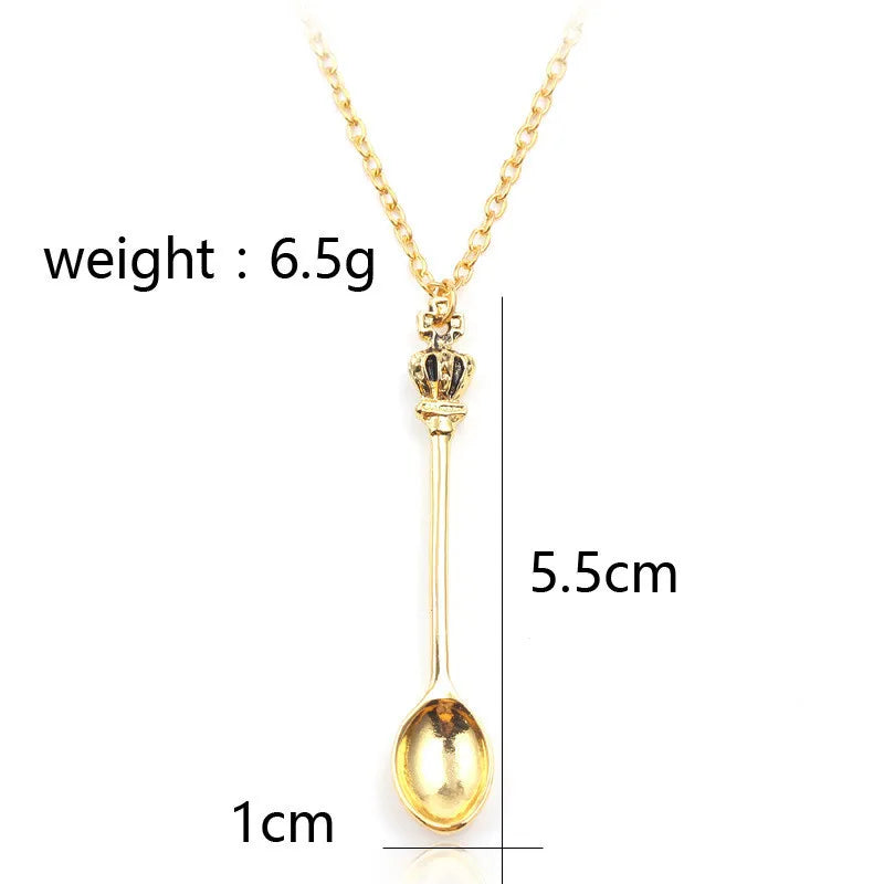 Alice Vintage Gold Crown Spoon Pendant Necklace 