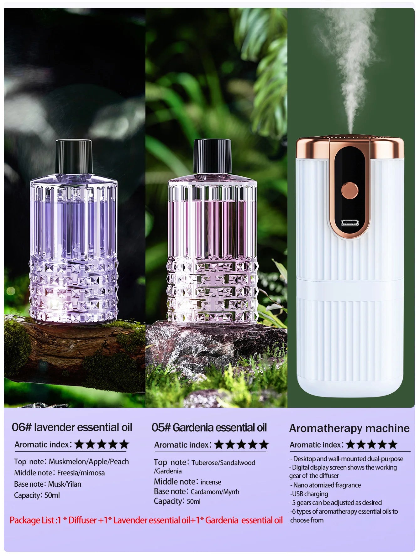 Rechargeable Mini Essential Oil Diffuser 5 Gear Aromatherapy Machine Large Mist Air Humidifier for Home Car Office Use