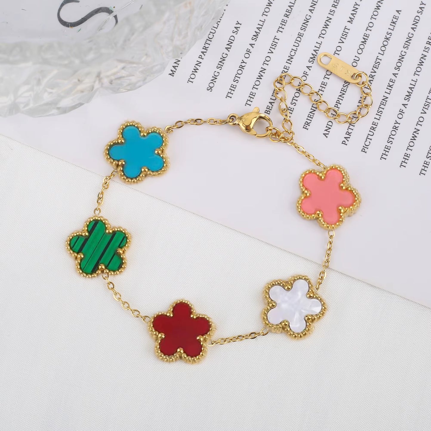 Stainless Steel Plum Blossom Gold Plated Bracelet Five Leaf Flower Jewelry Clover