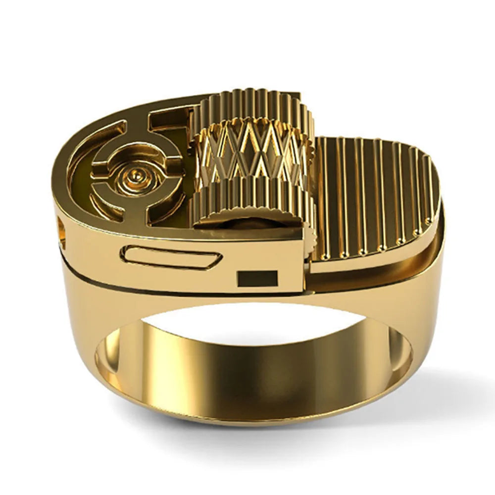 Vintage 14K Gold Plate Fake Lighter Ring Punk Fashion Creative Lighter Style Ring Jewelry for Men Dad