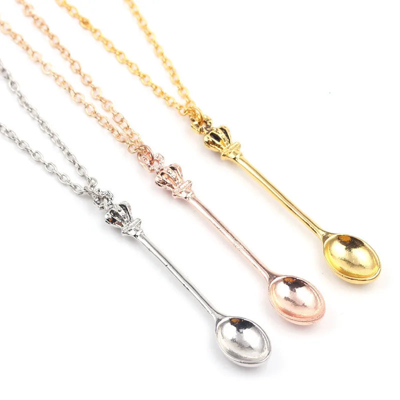 Alice Vintage Gold Crown Spoon Pendant Necklace 