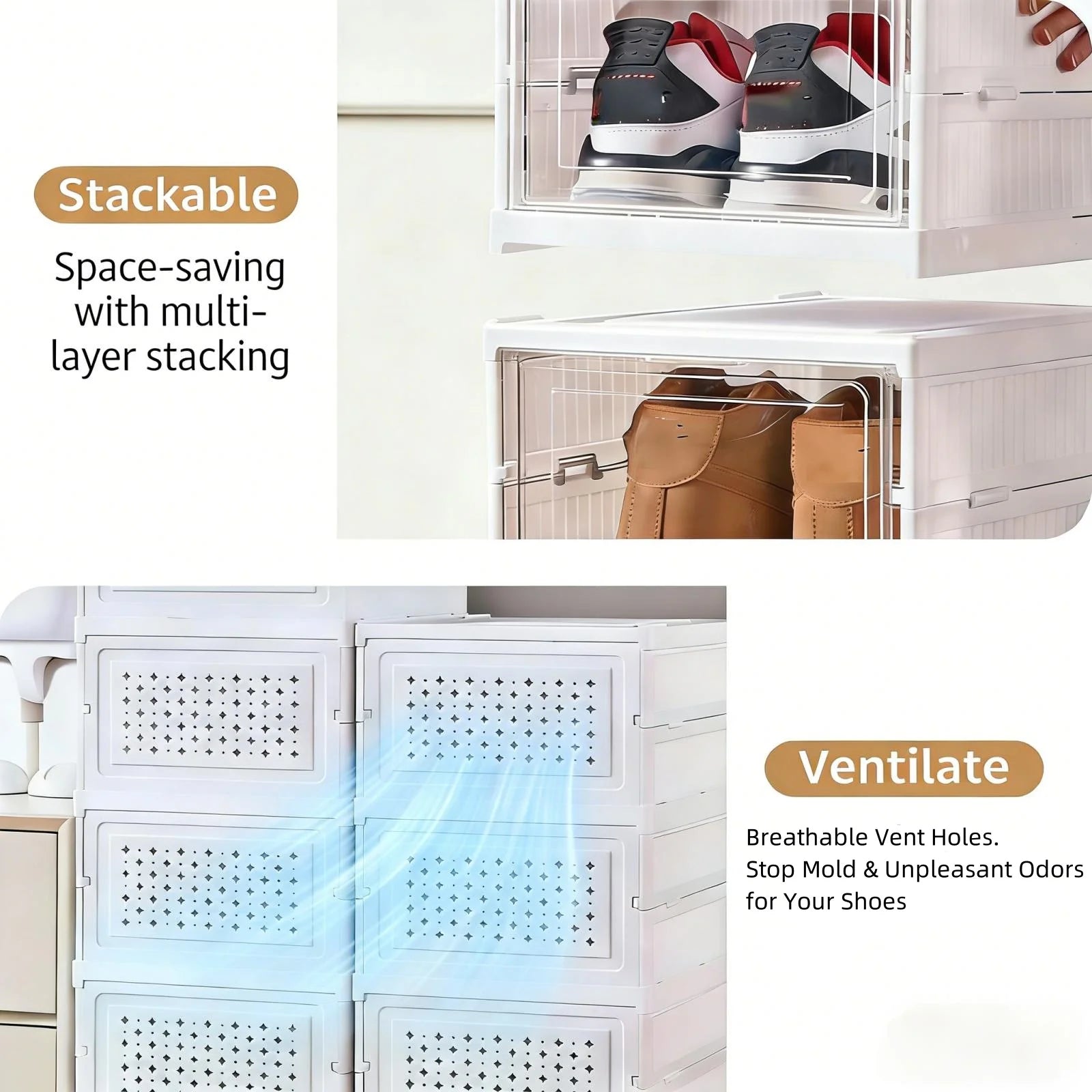 Foldable Clear Shoe Storage Organizer - Stackable Dustproof Sneaker Box Rack for Closet, Dorm, and Apartment
