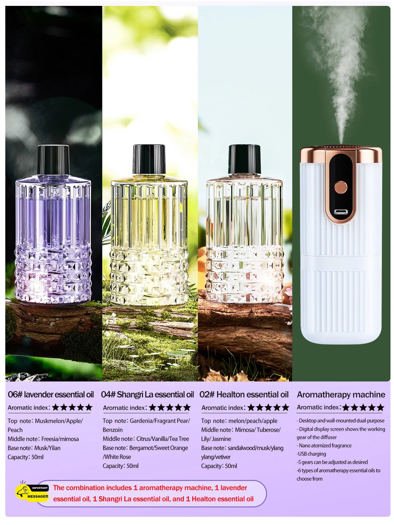 Rechargeable Mini Essential Oil Diffuser 5 Gear Aromatherapy Machine Large Mist Air Humidifier for Home Car Office Use