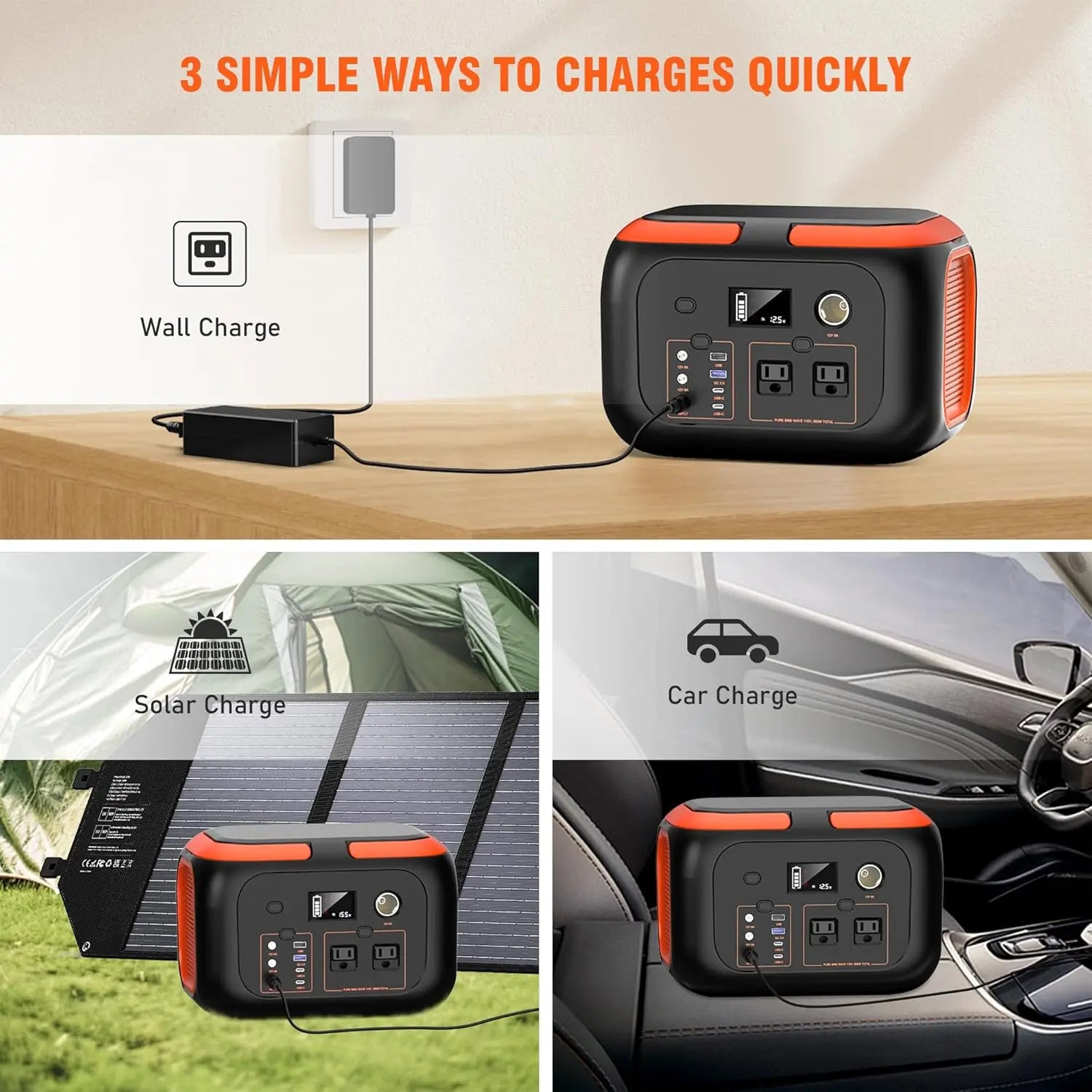 Portable Power Station with 600W/300W/200W/120W Output, 110V AC Outlets, Solar Generator and Energy Storage Solution for Camping, Travel, RV, and Home Use