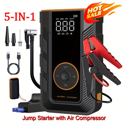 Car Jump Starter Air Compressor with Power Bank Portable Electric Pump Battery Booster 12V Jump Box with Flashlight