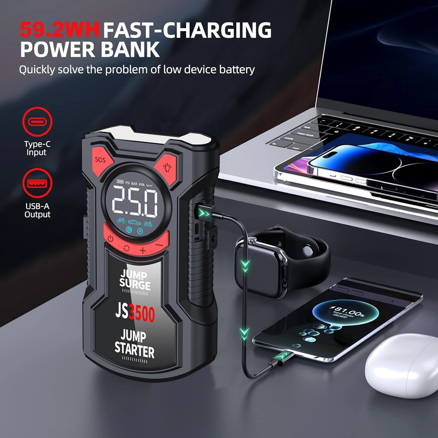 Car Jump Starter Air Compressor with Power Bank Portable Electric Pump Battery Booster 12V Jump Box with Flashlight