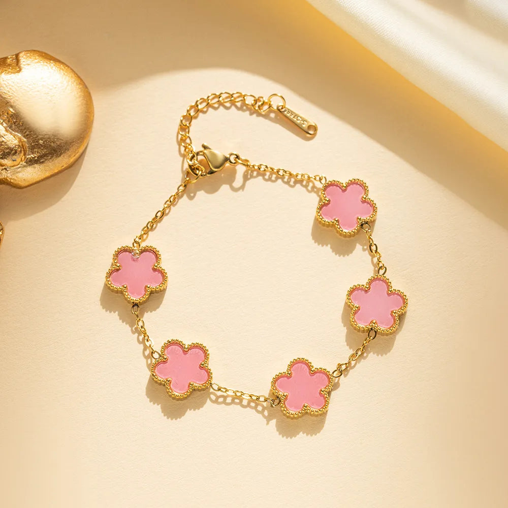 Elegant Adjustable Five-Leaf Flower Stainless Steel Bracelet for Women - Trendy Jewelry for Parties, Birthdays, and Everyday Wear