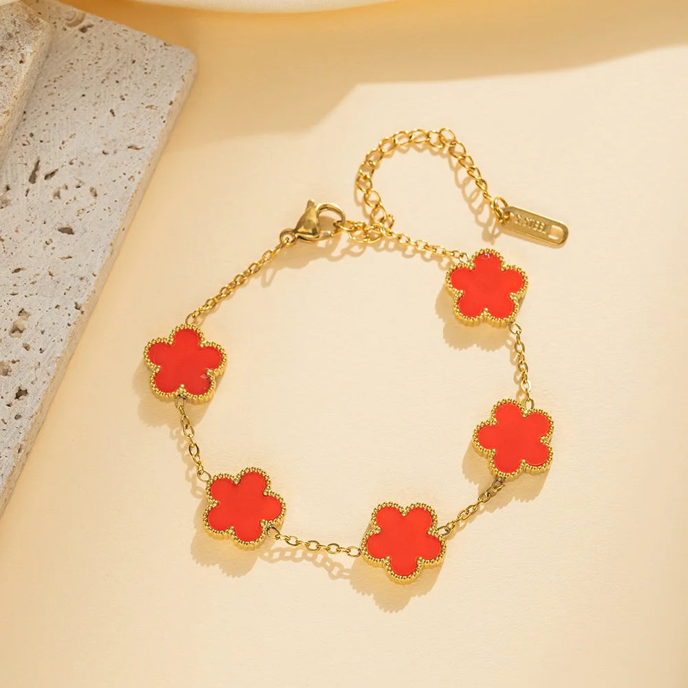 Elegant Adjustable Five-Leaf Flower Stainless Steel Bracelet for Women - Trendy Jewelry for Parties, Birthdays, and Everyday Wear