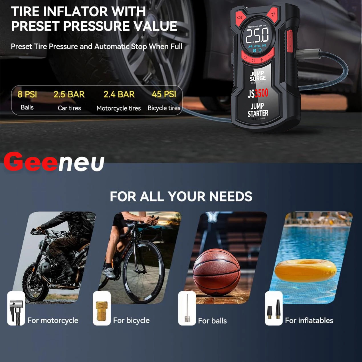 Car Jump Starter Air Compressor with Power Bank Portable Electric Pump Battery Booster 12V Jump Box with Flashlight