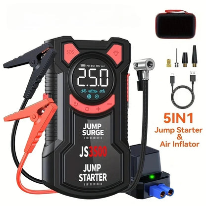 Car Jump Starter Air Compressor with Power Bank Portable Electric Pump Battery Booster 12V Jump Box with Flashlight