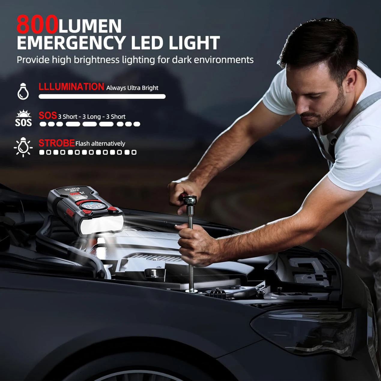 Car Jump Starter Air Compressor with Power Bank Portable Electric Pump Battery Booster 12V Jump Box with Flashlight