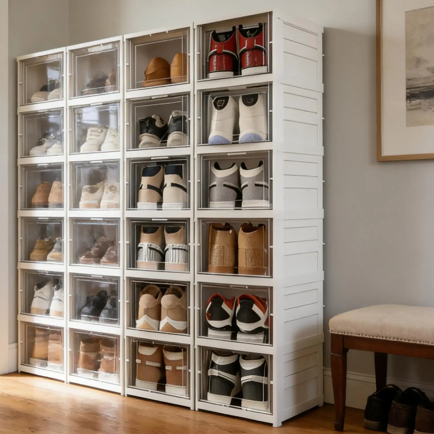 Foldable Clear Shoe Storage Organizer - Stackable Dustproof Sneaker Box Rack for Closet, Dorm, and Apartment