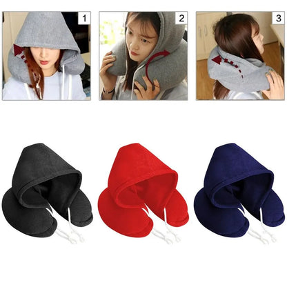 U-Shape Airplane Pillow with Hoodie Soft Comfortable Hooded Neck Travel Pillow