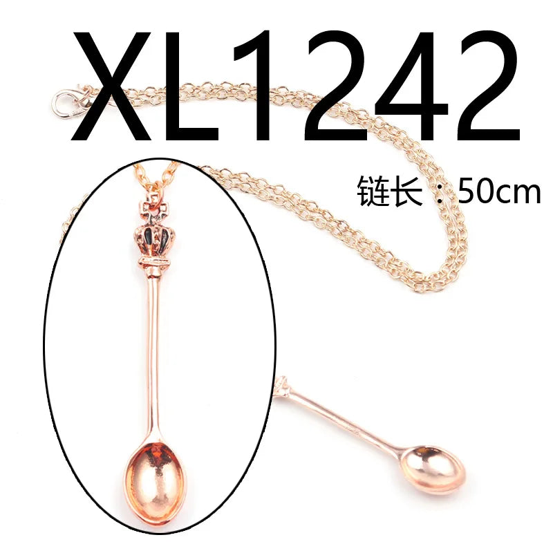 Alice Vintage Gold Crown Spoon Pendant Necklace 