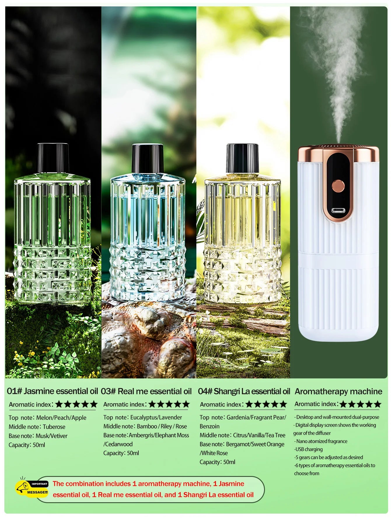 Rechargeable Mini Essential Oil Diffuser 5 Gear Aromatherapy Machine Large Mist Air Humidifier for Home Car Office Use