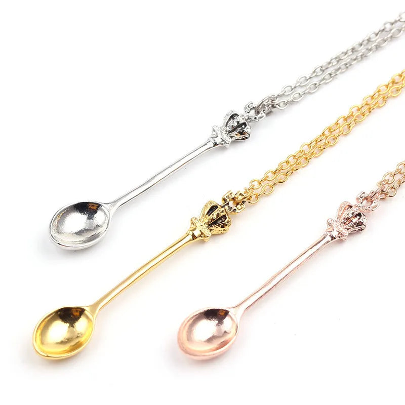 Alice Vintage Gold Crown Spoon Pendant Necklace 
