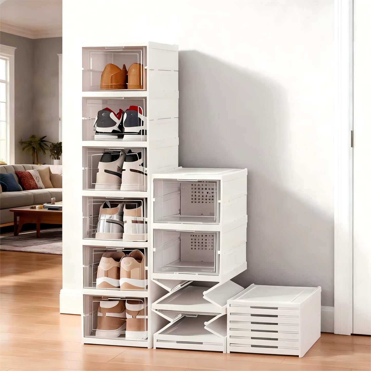 Foldable Clear Shoe Storage Organizer - Stackable Dustproof Sneaker Box Rack for Closet, Dorm, and Apartment