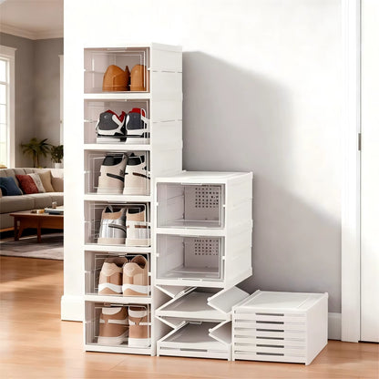 Foldable Clear Shoe Storage Organizer - Stackable Dustproof Sneaker Box Rack for Closet, Dorm, and Apartment