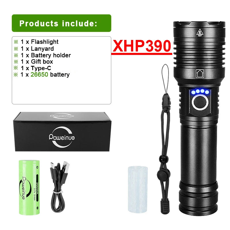 XHP390 Super Powerful LED Flashlight USB Rechargeable Torch Light Tactical High Power Flashlight Waterproof Hand Lantern Camping