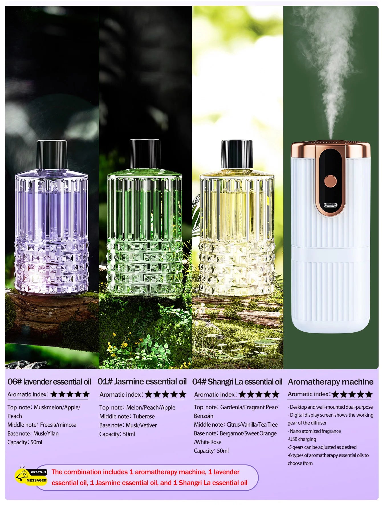 Rechargeable Mini Essential Oil Diffuser 5 Gear Aromatherapy Machine Large Mist Air Humidifier for Home Car Office Use