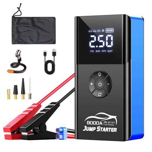 8000A Amp 180Psi Car Emergency Multifunction 12V Battery Booster Tire Inflator Super Compressor Jump Starter Power Bank Air Pump