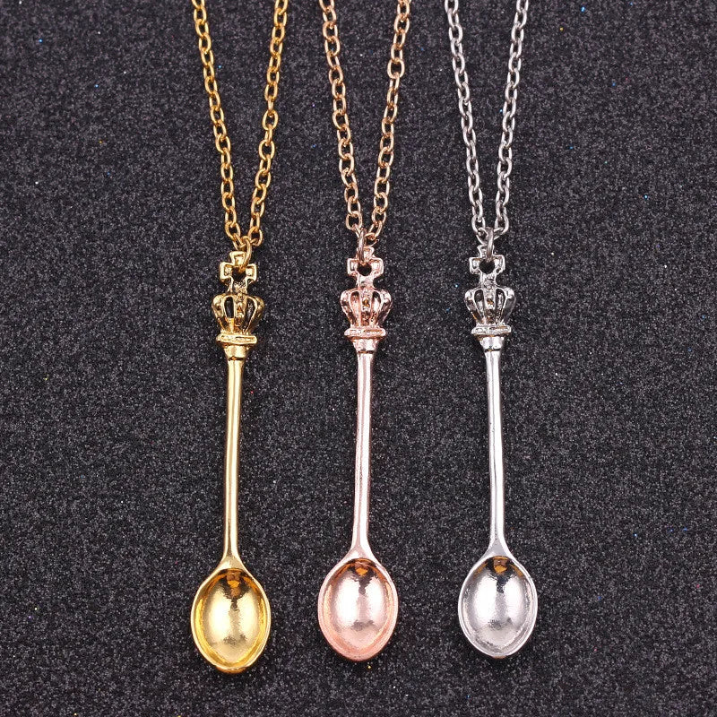 Alice Vintage Gold Crown Spoon Pendant Necklace 